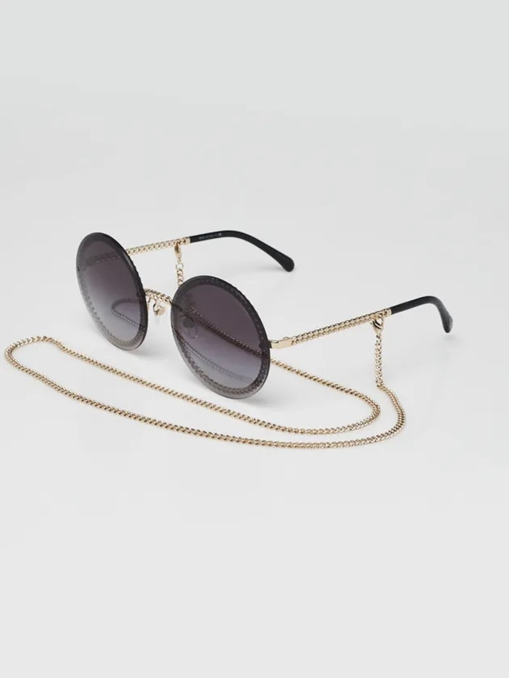 CHANEL Round Chain Sunglasses 4245 Gold Black w/ Chain Strap & Case AUTHENTIC